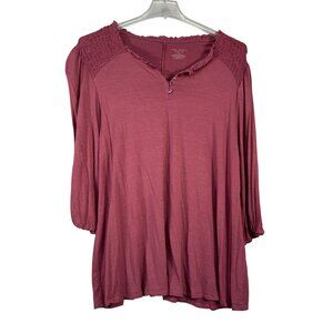 Lane Bryant Womens Ruffled Swing Tee 18/20 3/4 Sleeve Smocked Details Rose Pink